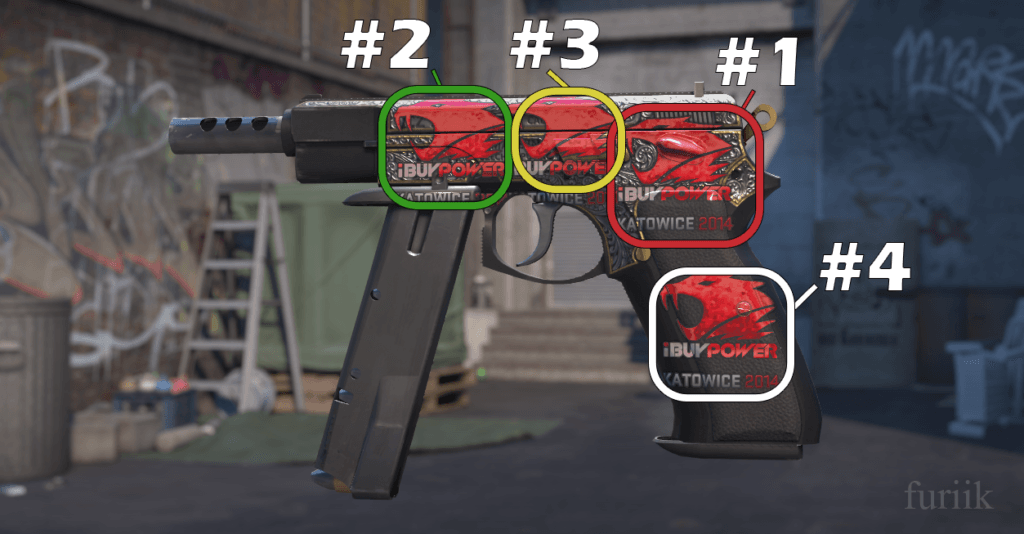 CZ75-Auto pistol in CS2 showing best sticker positions above the handle, tip of the barrel, and above the trigger