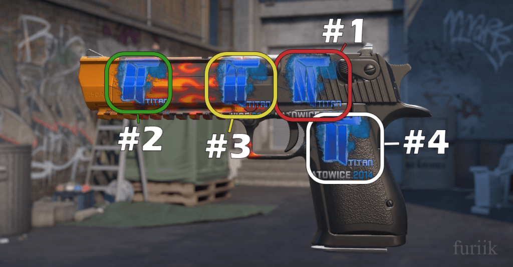 Desert Eagle pistol in CS2 showing best sticker positions above the handle, tip of the barrel, and above the trigger