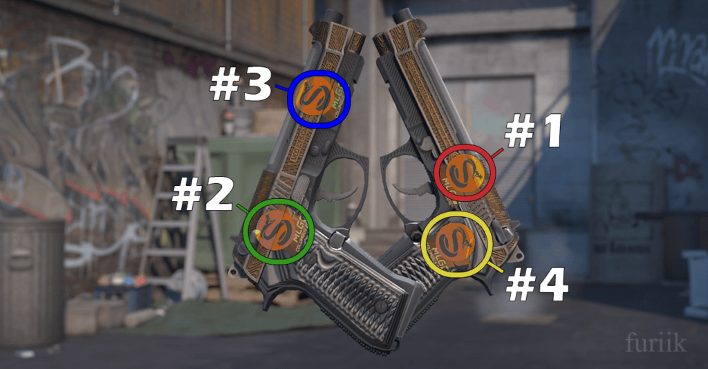 Dual Berettas pistols in CS2 showing best sticker positions on the right pistol above the trigger and left pistol above the handle
