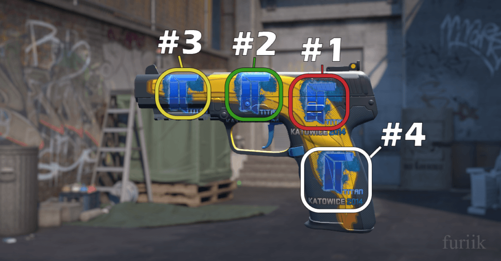 Five-SeveN pistol in CS2 showing best sticker positions above the handle, above the trigger, and tip of the barrel