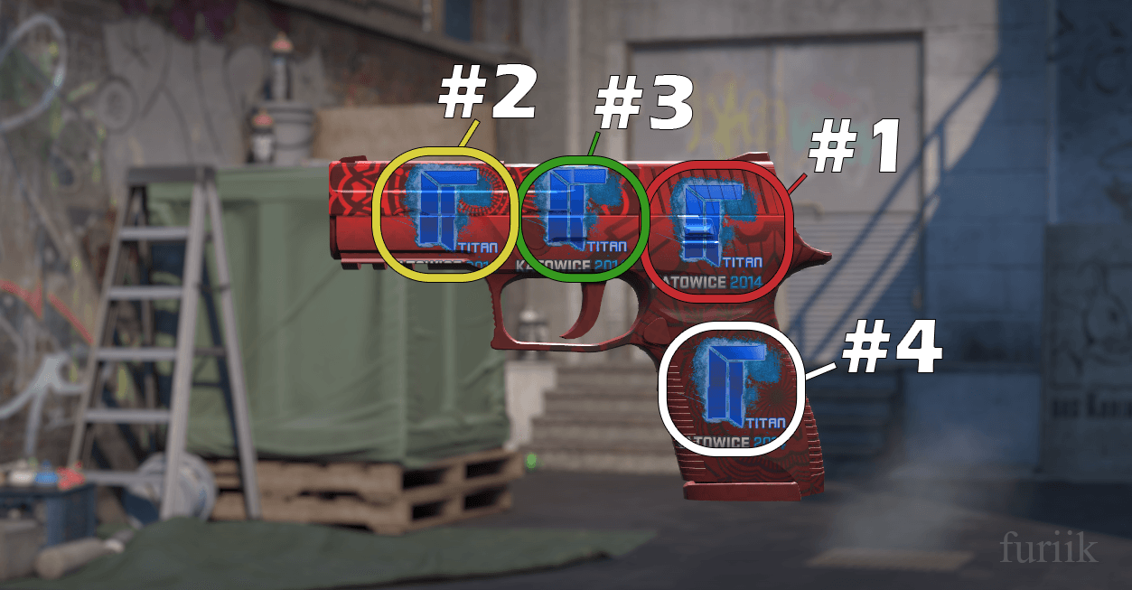 P250 pistol in CS2 showing best sticker positions above the handle, tip of the barrel, and above the trigger