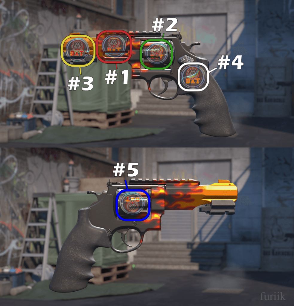 R8 Revolver in CS2 showing best sticker positions next to the cylinder, front of the cylinder, and tip of the barrel