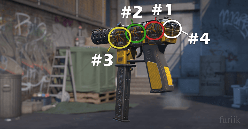 Tec-9 pistol in CS2 showing best sticker positions above the handle, above the trigger, and above the magazine