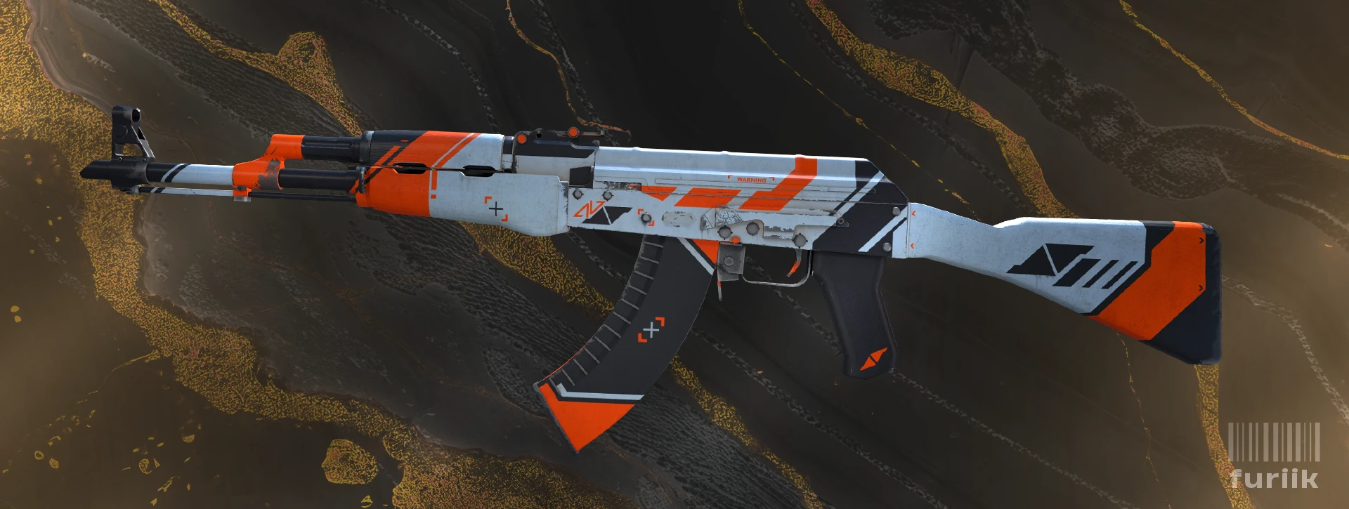 AK-47 Asiimov skin in CS2 showing white orange and black futuristic sci-fi design