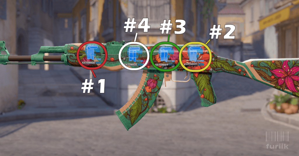 AK-47 rifle in CS2 showing best sticker positions on the wood, back of the body, and middle right of body