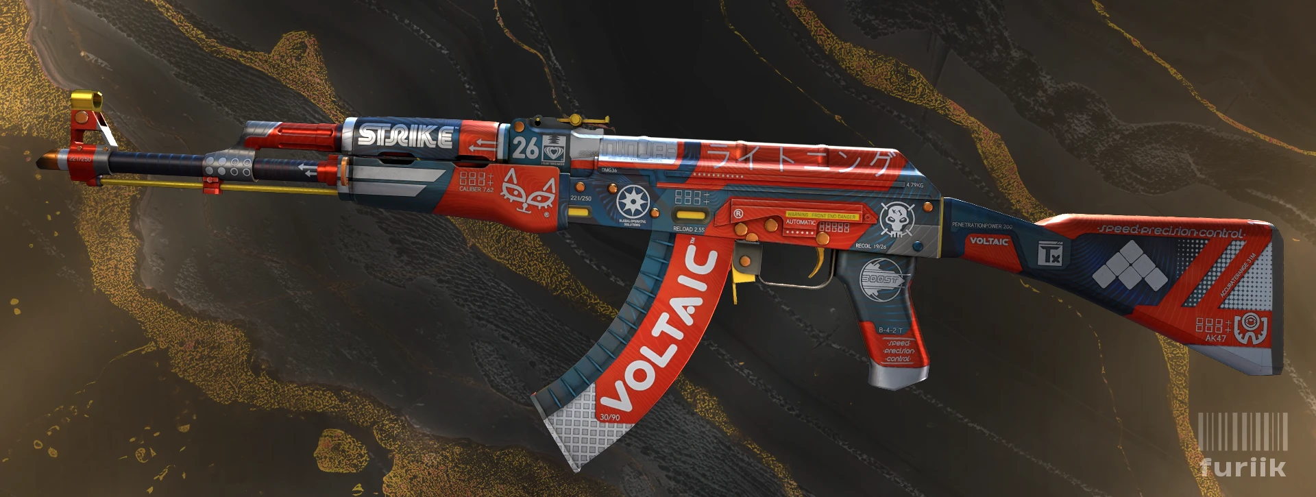 AK-47 Bloodsport skin in CS2 showing red silver and blue motorsport cyberpunk design