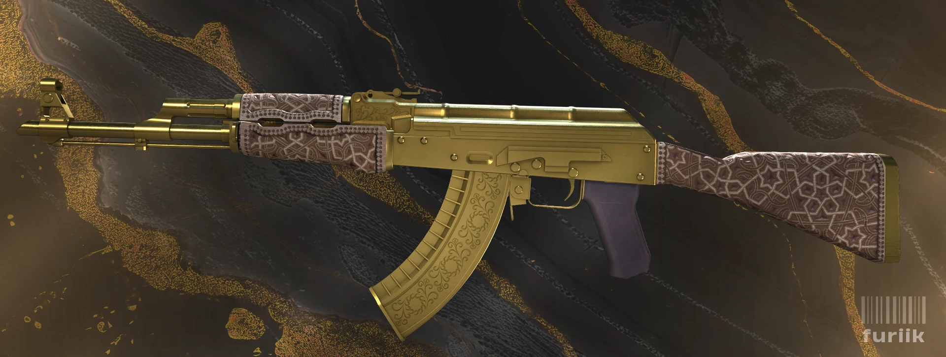 AK-47 Gold Arabesque skin in CS2 showing full gold plated design with intricate engravings