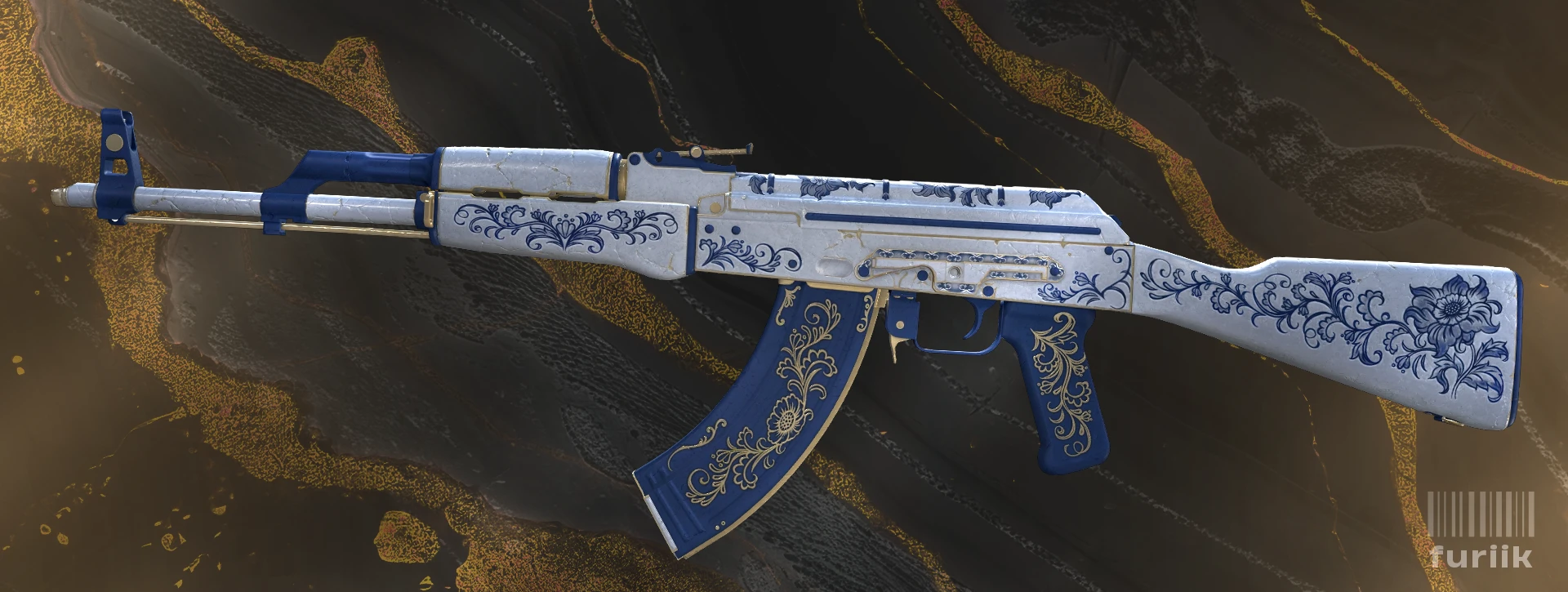 AK-47 Inheritance skin in CS2 showing elegant blue and white porcelain inspired design