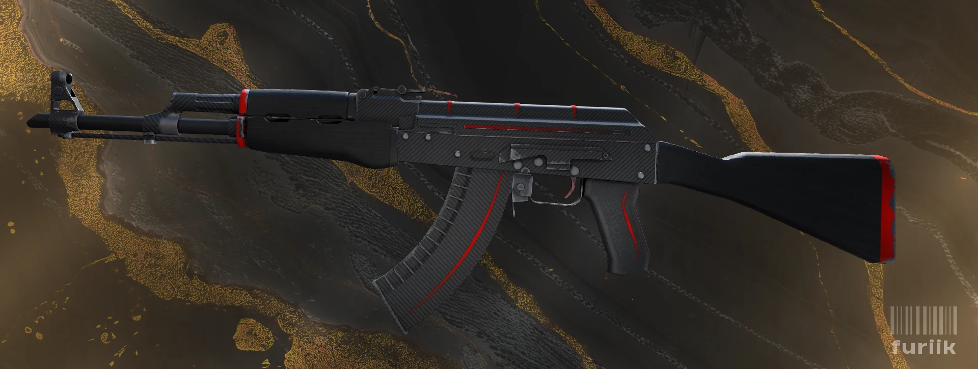 AK-47 Redline skin in CS2 showing dark carbon fiber base with red pinstripes