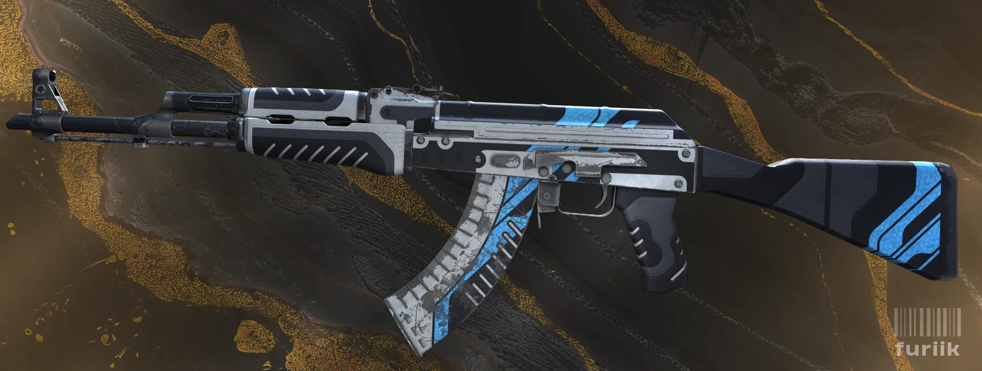 AK-47 Vulcan skin in CS2 showing black white and blue racing inspired geometric design
