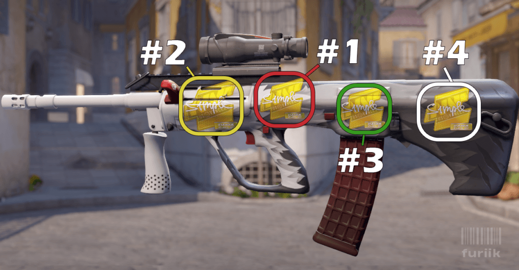 AUG rifle in CS2 showing best sticker positions above the handle, front of the body, and above the mag