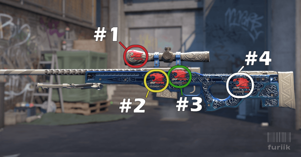 AWP sniper rifle in CS2 showing best sticker positions on the scope, below the scope, and middle of the body