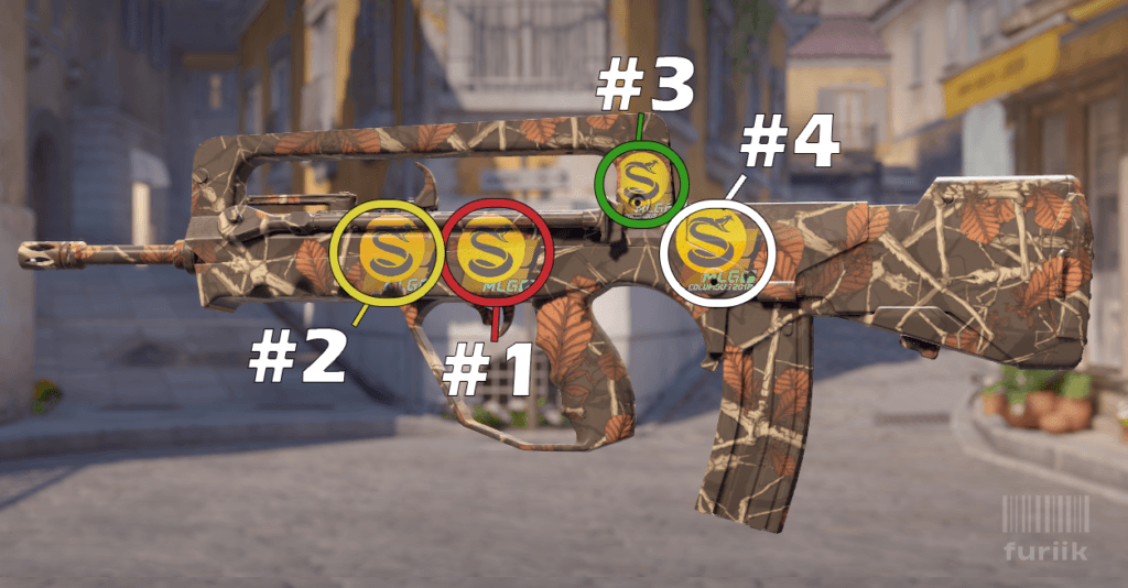 FAMAS rifle in CS2 showing best sticker positions at the middle left of body, front of the body, and middle right of body