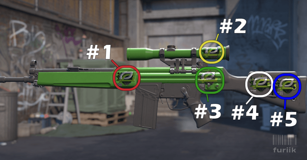 G3SG1 sniper rifle in CS2 showing best sticker positions in front of the mag, middle of the stock, and on the scope