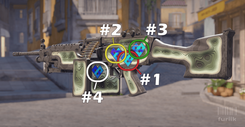 M249 LMG in CS2 showing best sticker positions above the handle, above the mag, and next to the stock