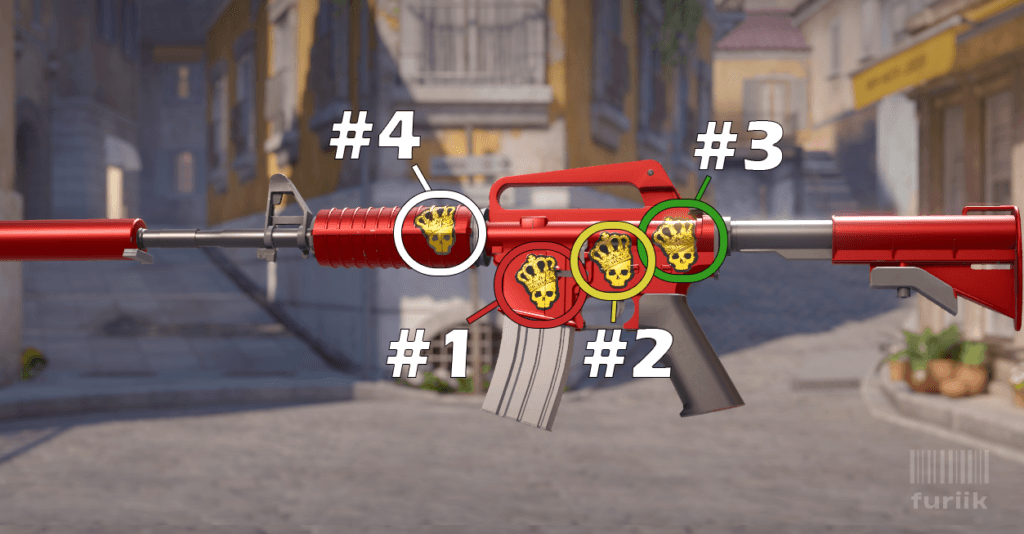 M4A1-S rifle in CS2 showing best sticker positions above the mag, middle of the body, and back of the body