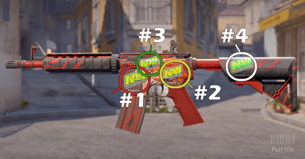 M4A4 rifle in CS2 showing best sticker positions above the mag, back of the body, and above the front