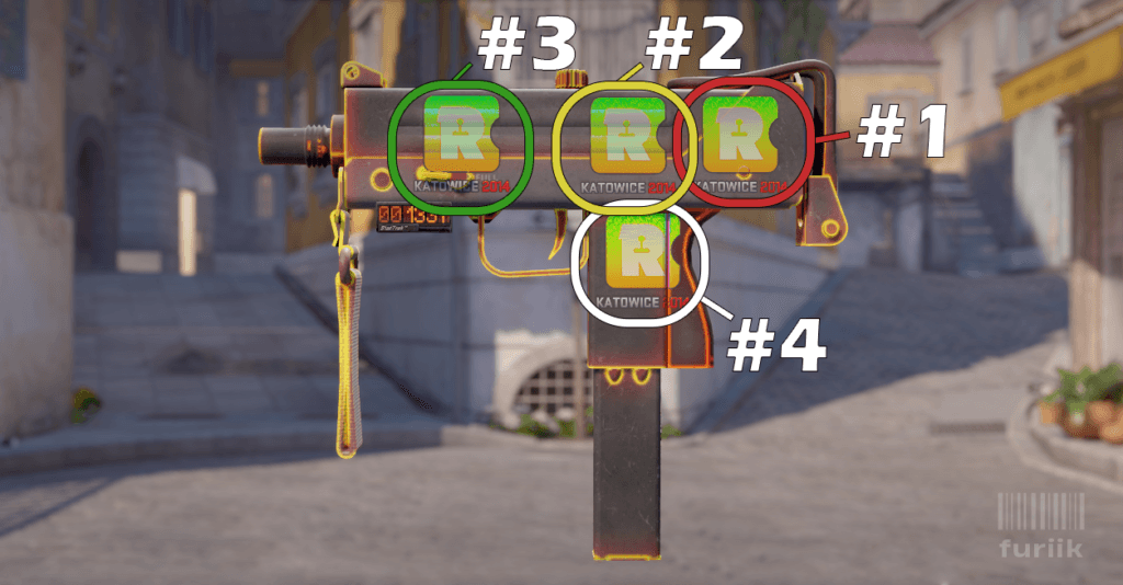 MAC-10 SMG in CS2 showing best sticker positions at the back of the body, above the handle, and front of the body