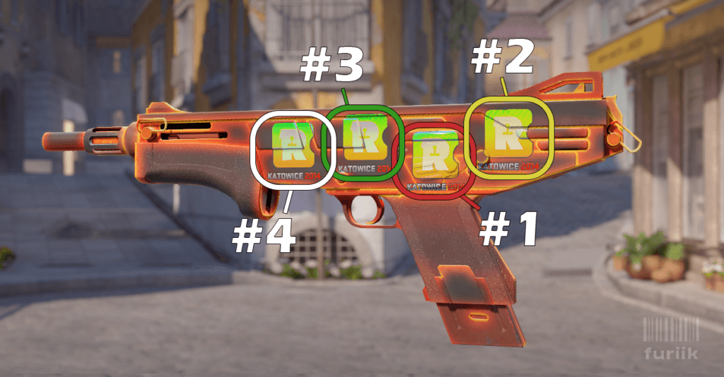 MAG-7 shotgun in CS2 showing best sticker positions above the handle, back of the body, and above the trigger