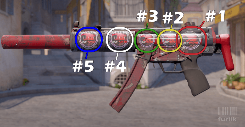 MP5-SD SMG in CS2 showing best sticker positions above the handle, above the trigger, and above the mag