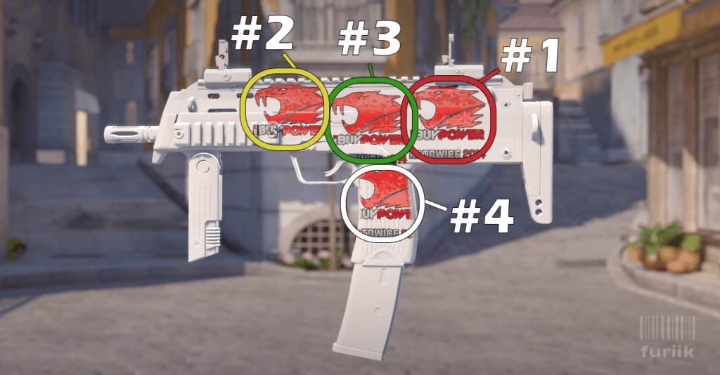 MP7 SMG in CS2 showing best sticker positions at the back of the body, above the trigger, and above the handle