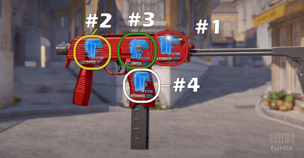 MP9 SMG in CS2 showing best sticker positions at the back of the body, front of the body, and above the handle