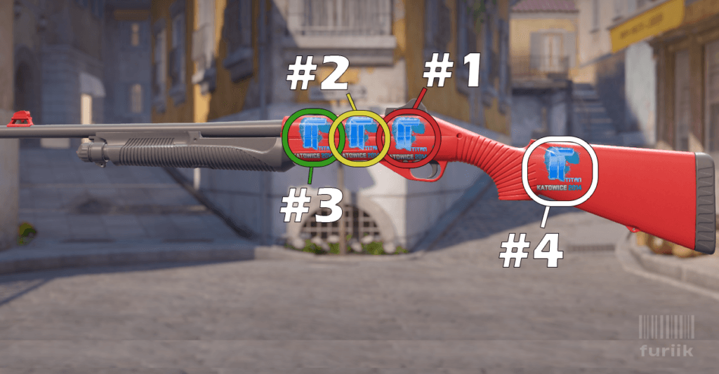Nova shotgun in CS2 showing best sticker positions above the trigger, middle of the body, and front of the body