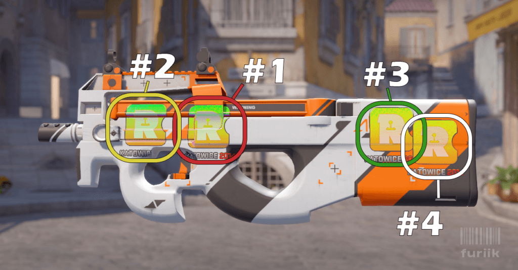 P90 SMG in CS2 showing best sticker positions above the handle, above the front grip, and middle of the stock
