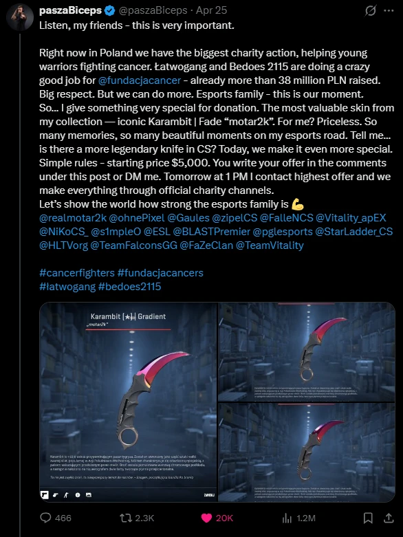 pashabiceps X post announcing Karambit Fade auction for Fundacja Cancer charity