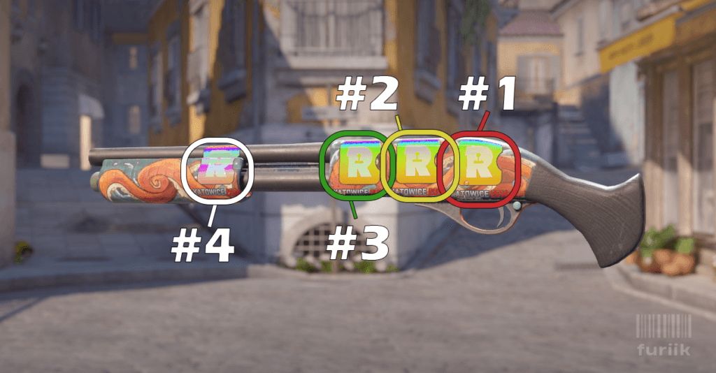 Sawed-Off shotgun in CS2 showing best sticker positions above the trigger, middle of the body, and front of the body