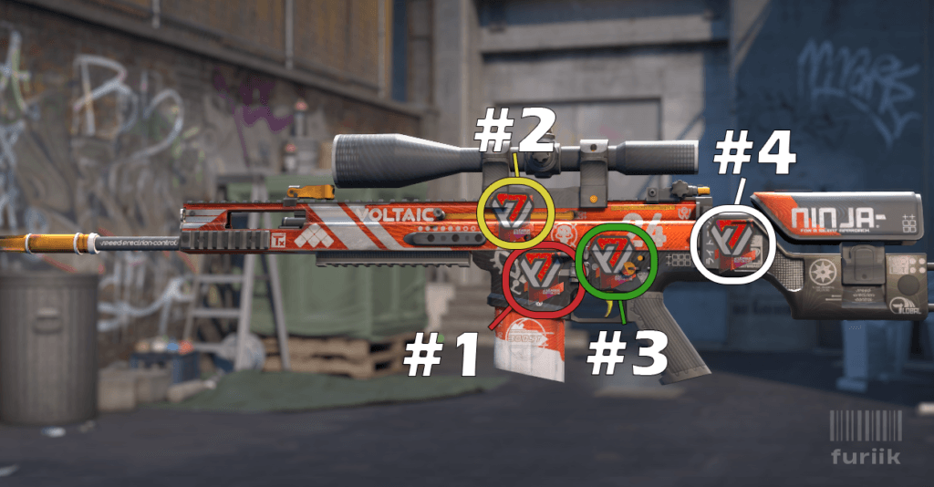 SCAR-20 sniper rifle in CS2 showing best sticker positions above the mag, below the scope, and middle of the body