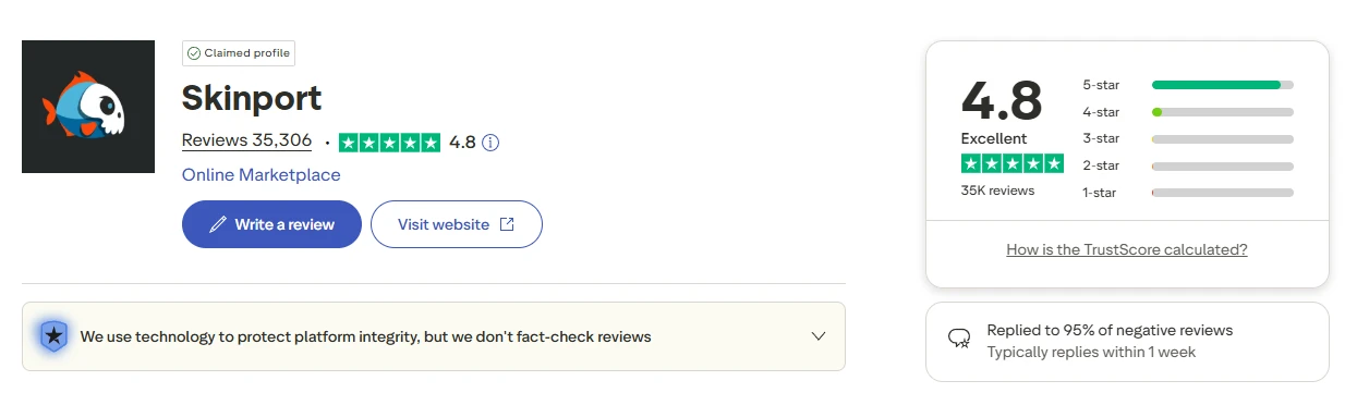 Skinport Trustpilot rating showing 4.8 out of 5 stars from over 35000 reviews