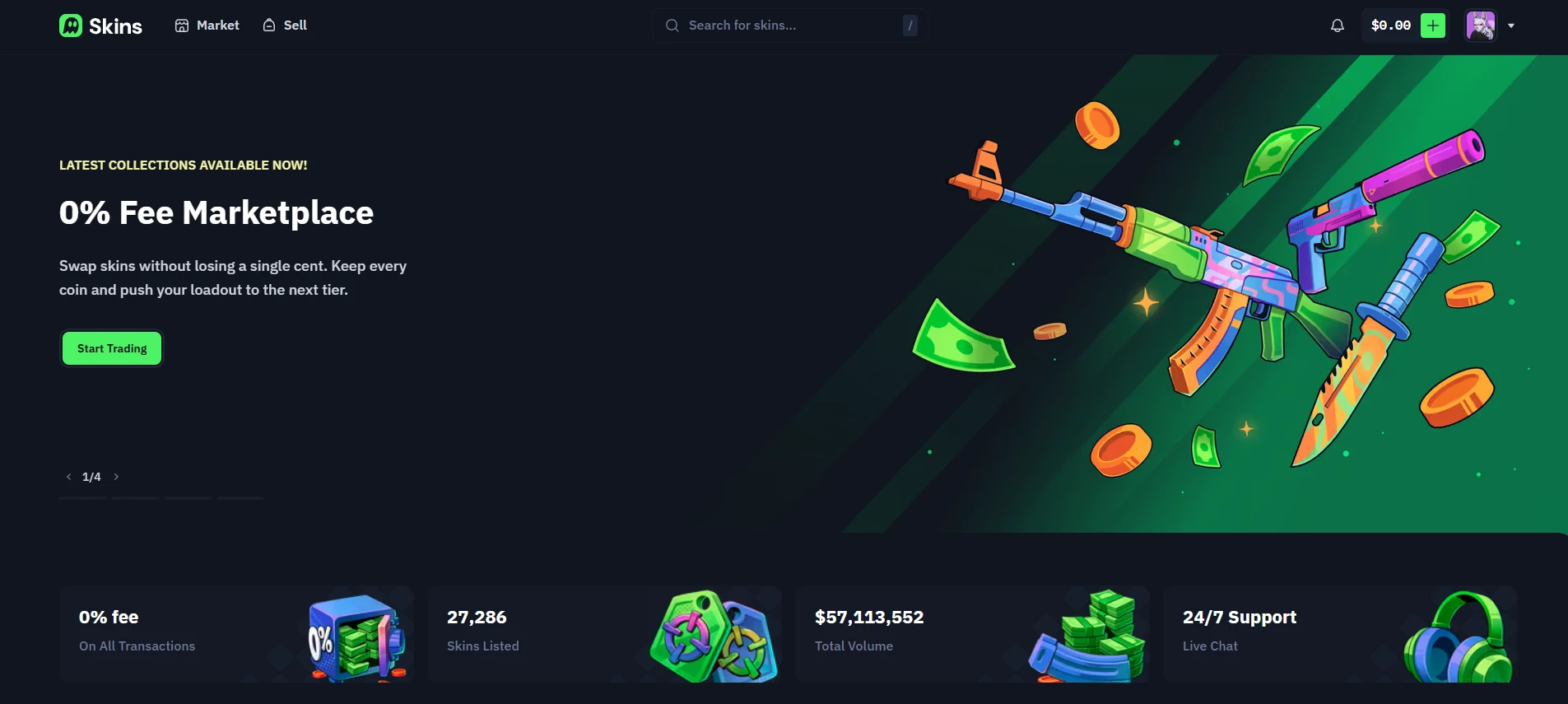 Skins.com CS2 skin marketplace homepage showing zero fee trading and instant sell feature