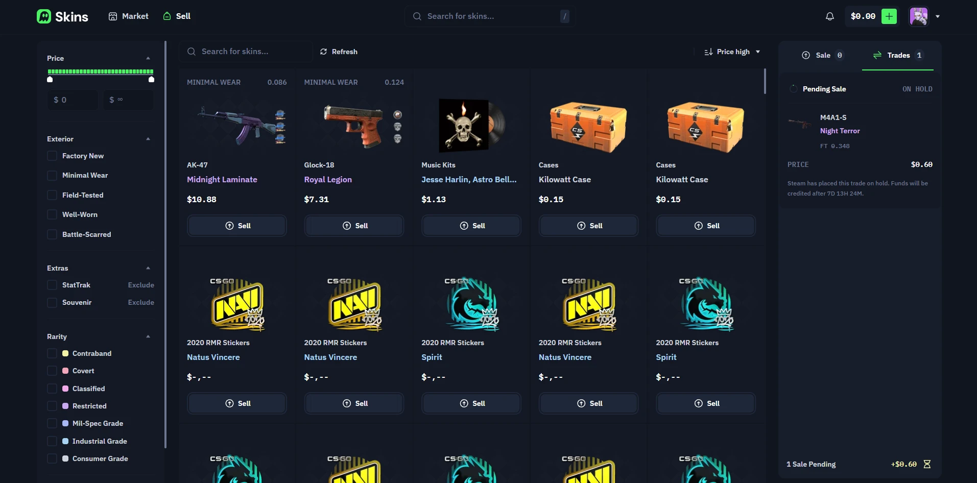 Skins.com instant sell feature