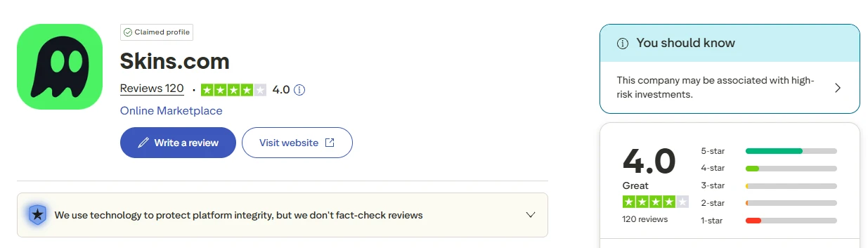 Skins.com Trustpilot rating showing 4.0 out of 5 stars from CS2 skin traders