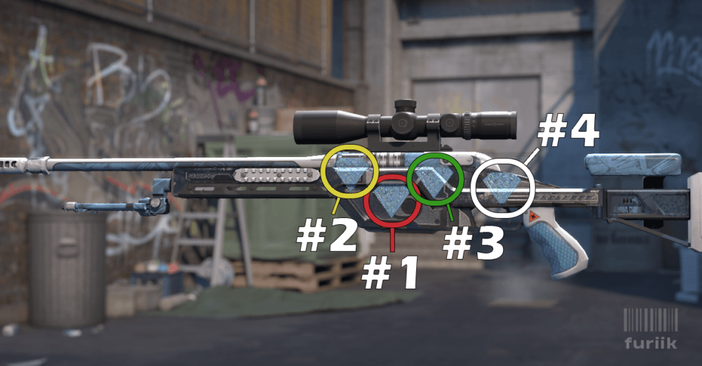 SSG 08 sniper rifle in CS2 showing best sticker positions above the mag, front of the body, and middle right of the body
