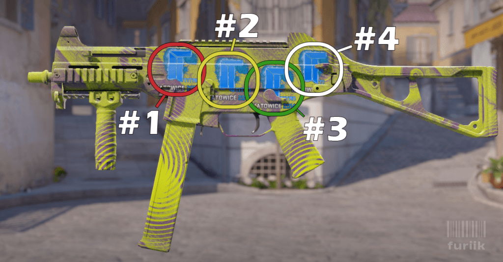 UMP-45 SMG in CS2 showing best sticker positions at the front of the body, middle of the body, and above the handle