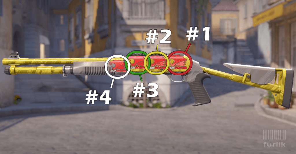 XM1014 shotgun in CS2 showing best sticker positions above the trigger, middle of the body, and front of the body